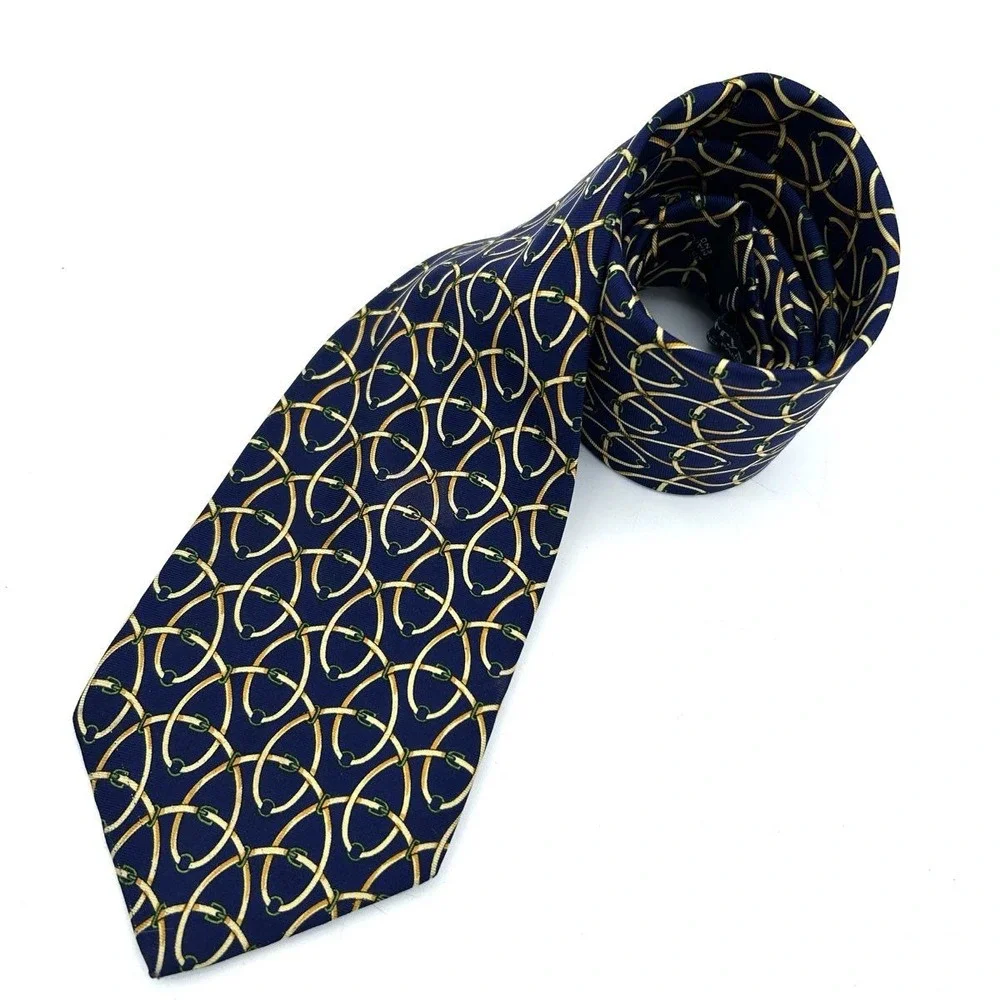 Burberrys' Men's Silk Tie Navy Blue Vintage 90s Equestrian Bit Harness England